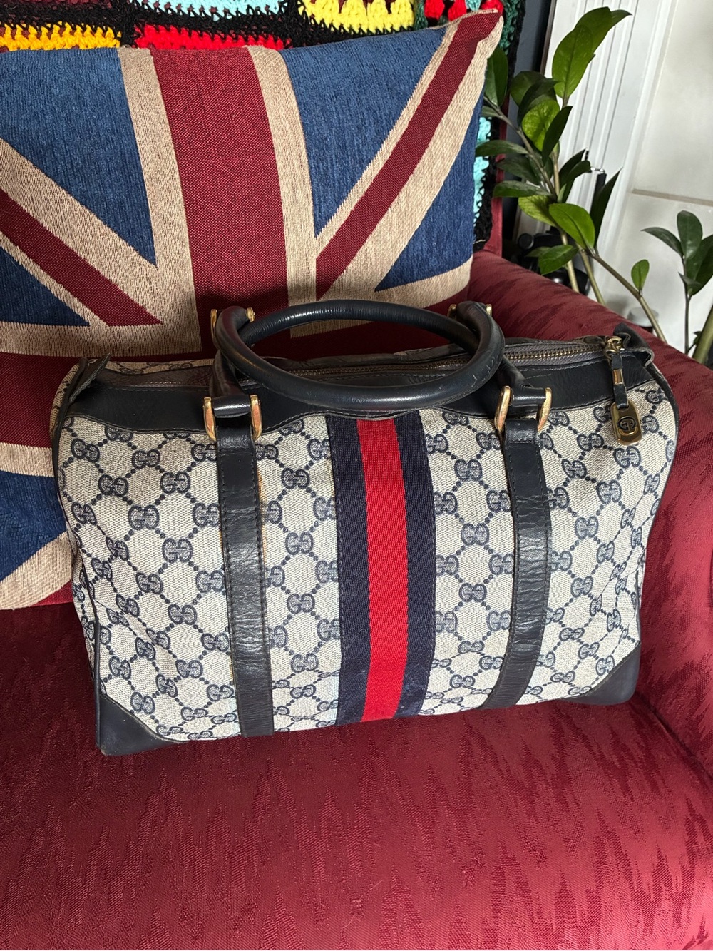 Gucci Blue & Red Sherry Line GG Supreme Monogram Boston Bag